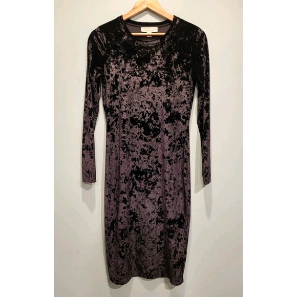 Black Stretch Velvet Long Sleeve Pencil Midi Dress Goth Witchy Michael Kors Sz M - Picture 1 of 7